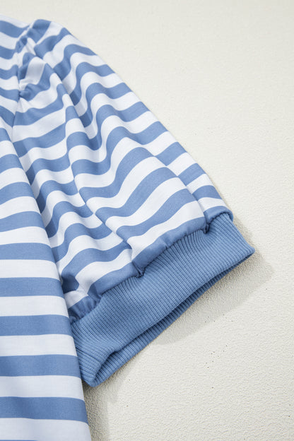 Sky Blue Stripe Short Bubble Sleeve T Shirt