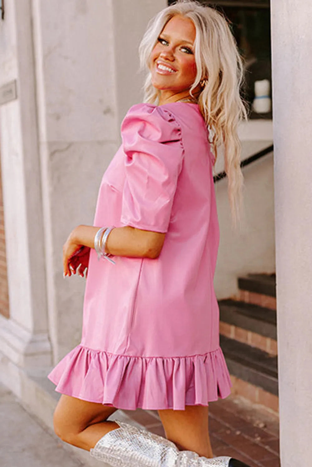 Sachet Pink Pleather Bubble Short Sleeve V Neck Ruffled Hem Mini Dress - Chic Meadow Boutique 