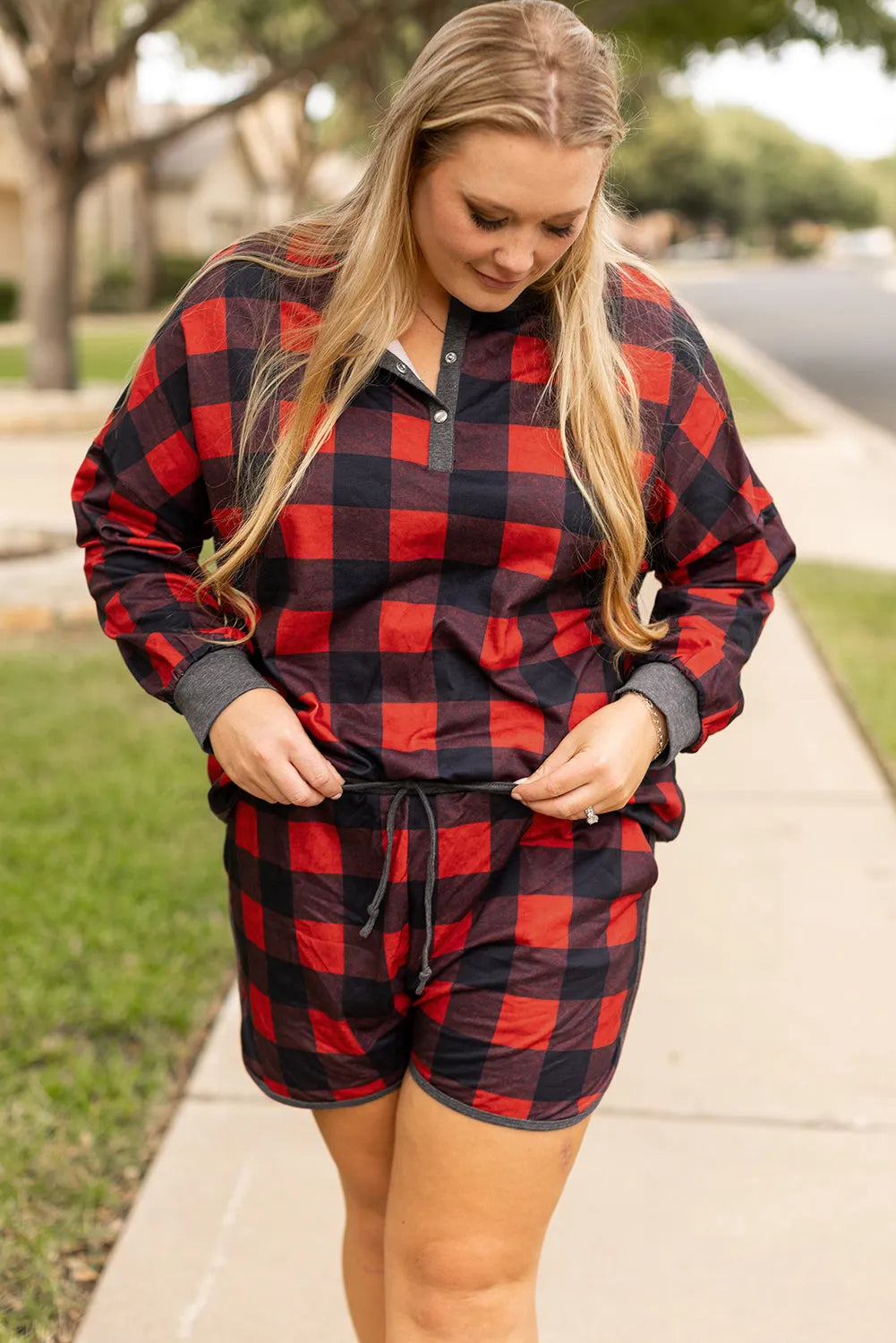 Fiery Red Christmas Buffalo Print Henley Top and Shorts Plus Size Set - Chic Meadow Boutique 