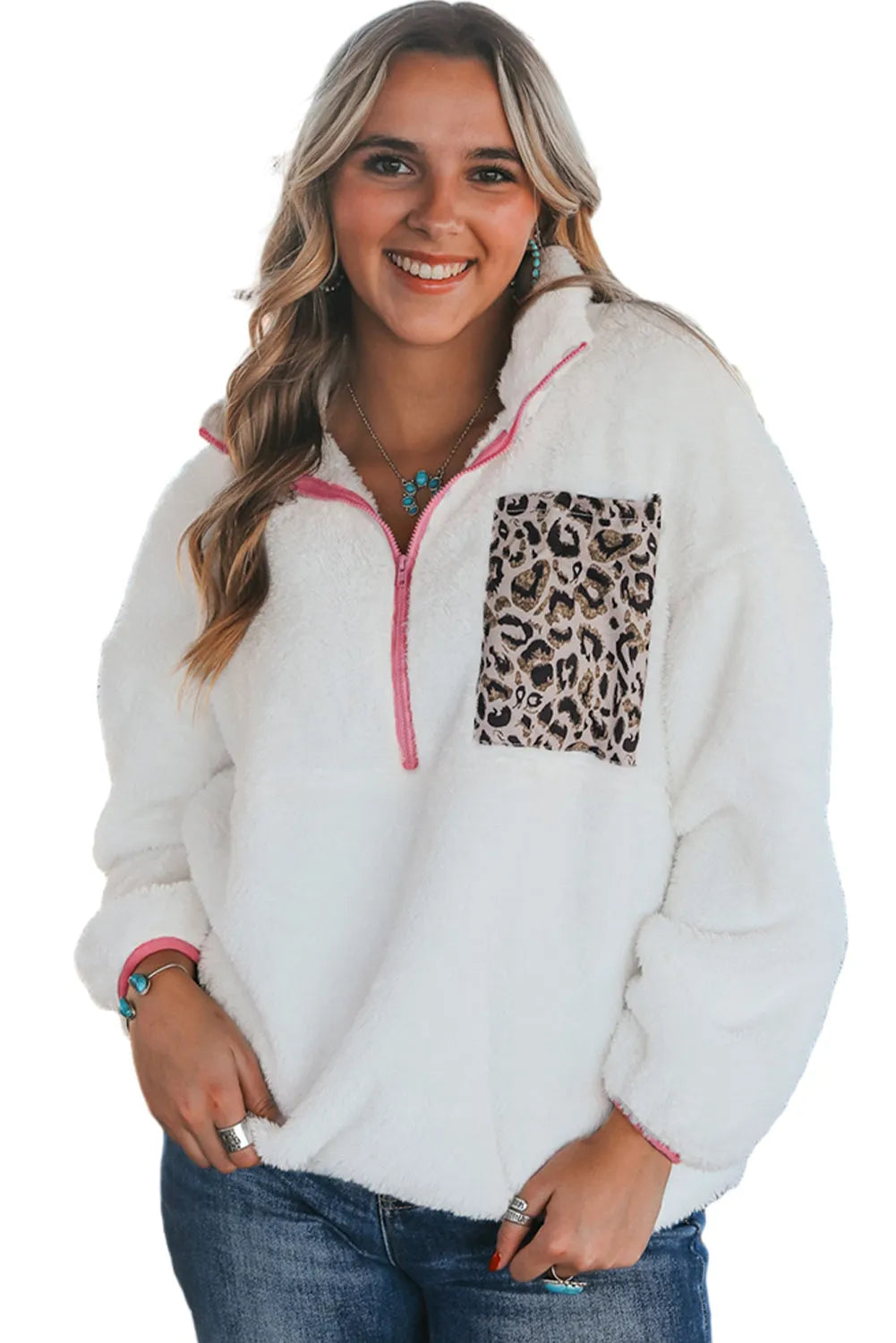 White Leopard Patch Pocket Half Zipped Fleece Sweatshirt - Chic Meadow Boutique 