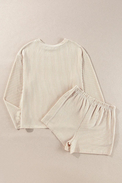 Two Piece Sets/Short Sets Parchment Corded Knit Long Sleeve Top and High Waist Shorts Set