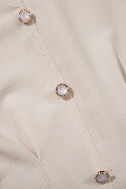 Oatmeal V Neck Long Sleeve Smocked Waist Elegant Blouse