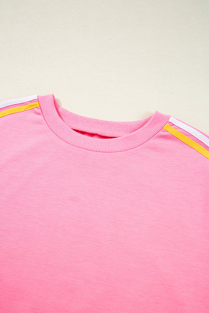 Bonbon Color Contrast Crewneck T Shirt and Wide Leg High Waist Pants Set