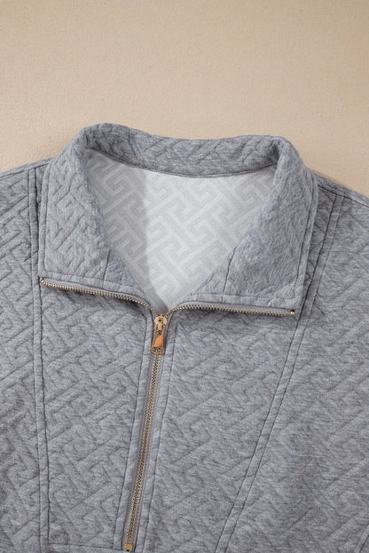 Gray Solid Textured Half Zipper Collared Sweatshirt - Chic Meadow Boutique 