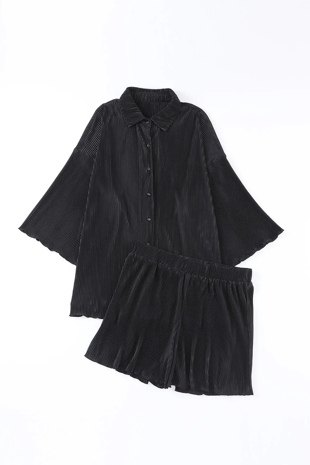 Black 3/4 Sleeves Pleated Shirt and High Waist Shorts Lounge Set - Chic Meadow Boutique 