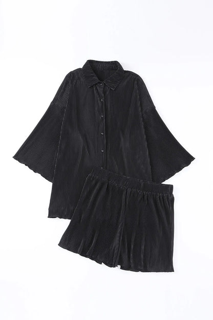 Black 3/4 Sleeves Pleated Shirt and High Waist Shorts Lounge Set - Chic Meadow Boutique 