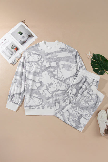 Gray Camouflage Print Stand Neck Long Sleeve Regular Fit Plus Size Set