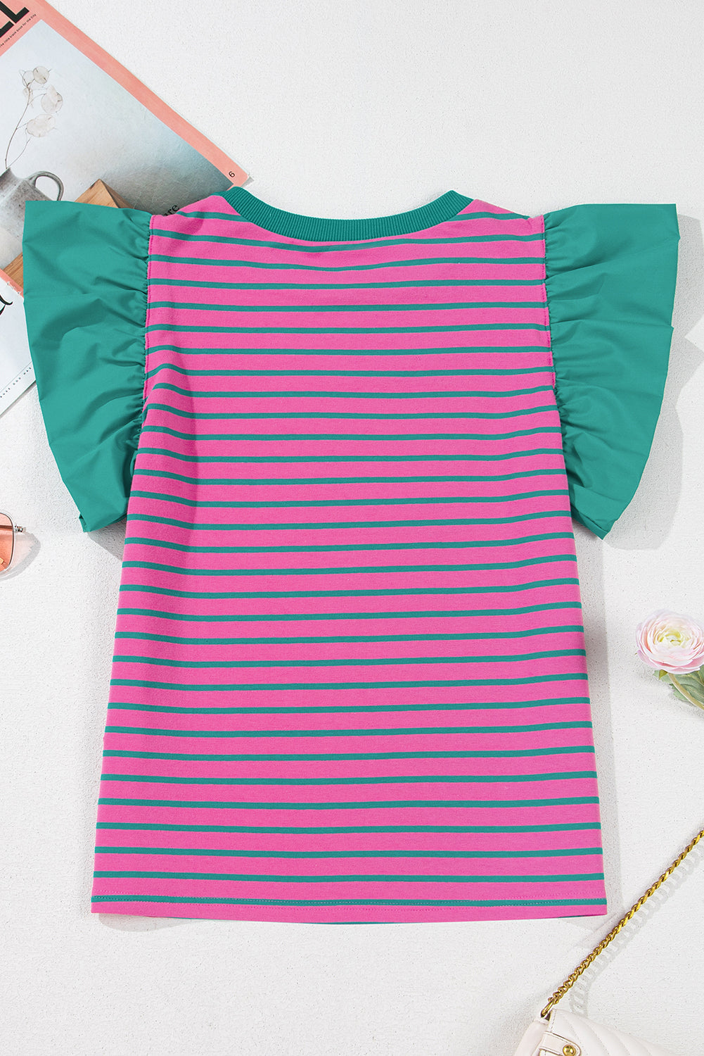 Pink Stripe Colorblock Ruffled Sleeve Crew Neck Blouse