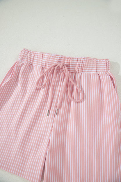 Pink Stripe Dolman Sleeve Polo Shirt and Drawstring Shorts Set