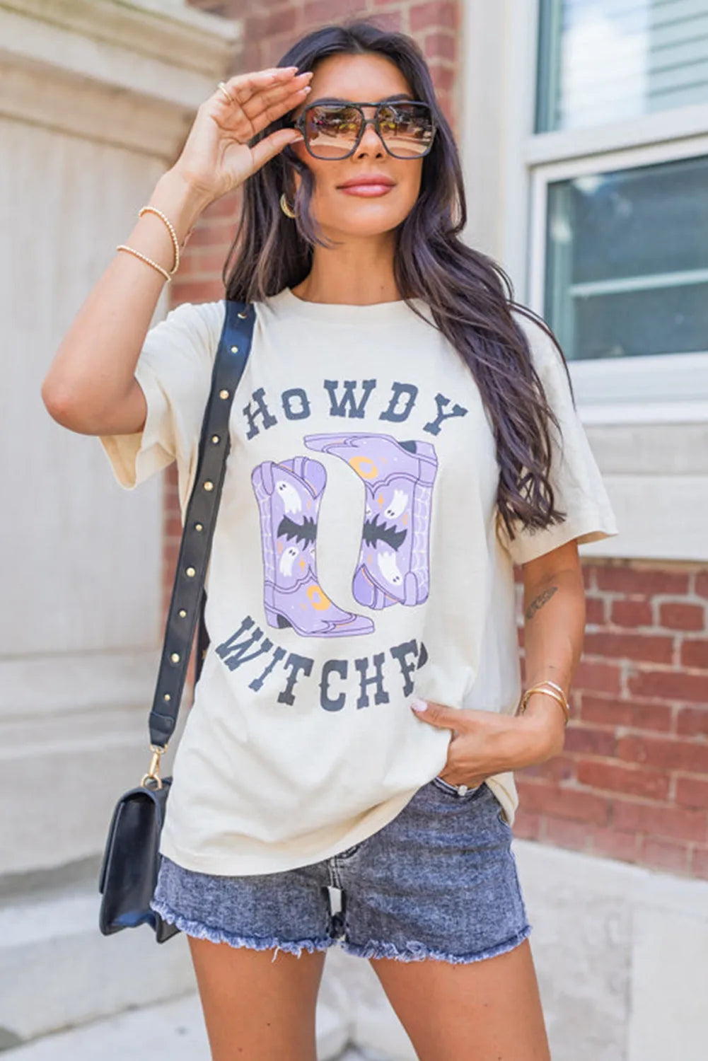 White HOWDY WITCHES Halloween Boots Crewneck T Shirt - Chic Meadow Boutique 