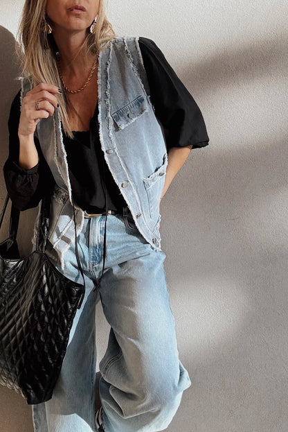 Beau Blue Frayed Edge Flap Pockets Denim Vest Jacket