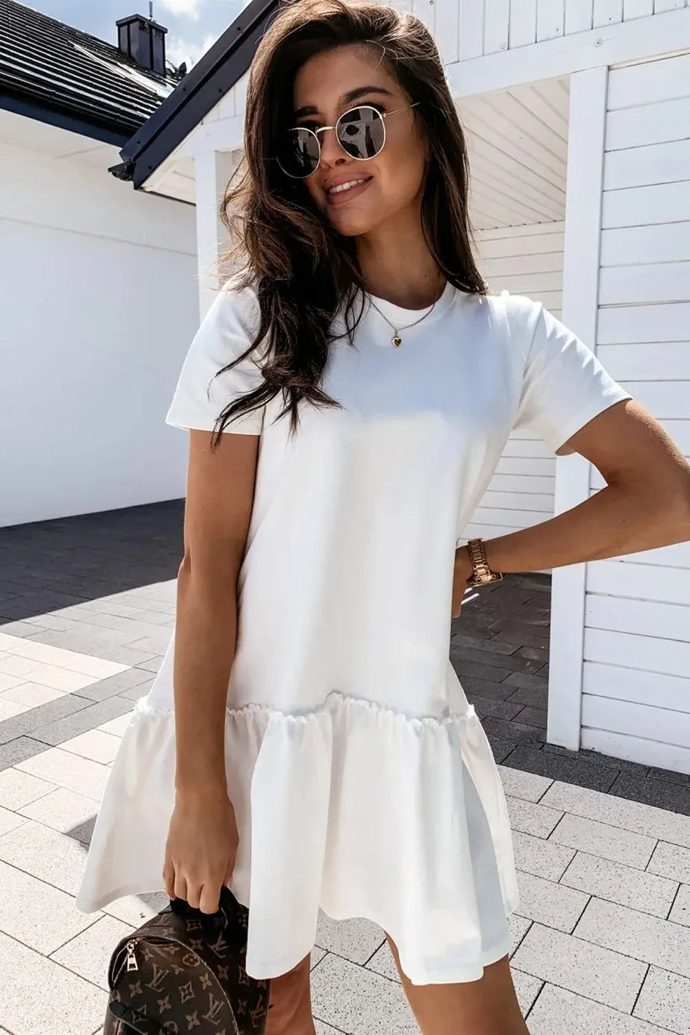 White Frilly Splicing Hem Short Sleeve Casual Dress - Chic Meadow Boutique 