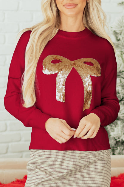 Fiery Red Sequined Bow Graphic Christmas Holiday Sweater