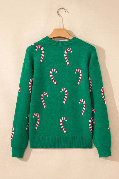 Dark Green Christmas Candy Cane Holiday Drop Shoulder Sweater