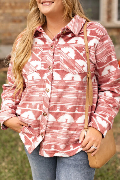 Pink Plus Size Aztec Print Chest Pocket Shacket - Chic Meadow Boutique 