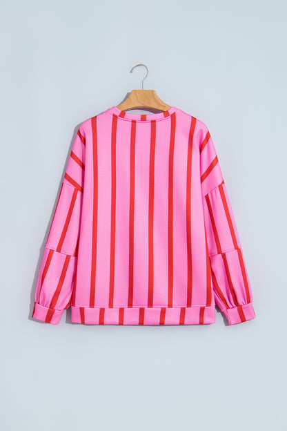 Red Stripe Dropped Shoulder Round Neck Casual Sweatshirt