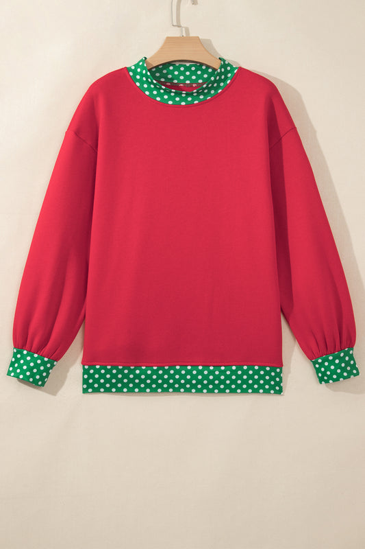 Racing Red Colorblock Polka Dot Contrast Trim Oversized Sweatshirt