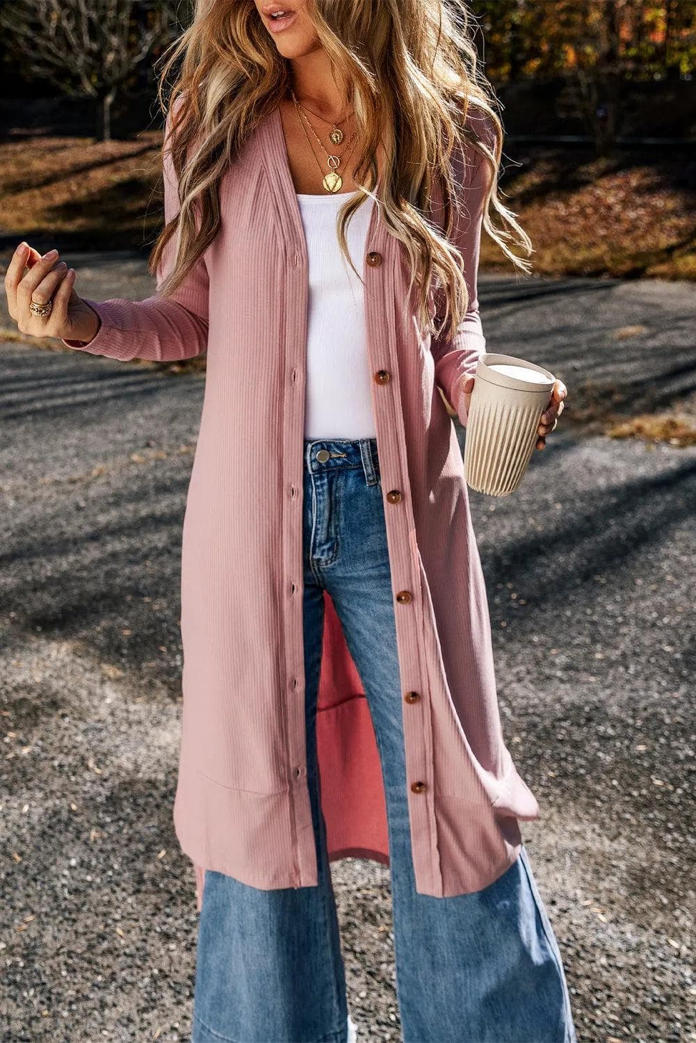 Tops/Sweaters & Cardigans Pink Ribbed Button-Up Split Duster Cardigan