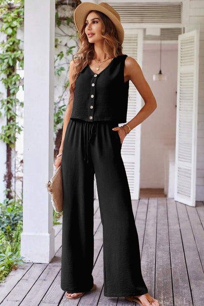 Black Buttoned Vest Drawstring Wide Leg Pants 2pcs Set