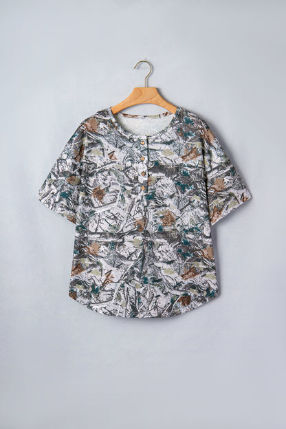 Gray Abstract Woodland Print Tunic Henley T Shirt