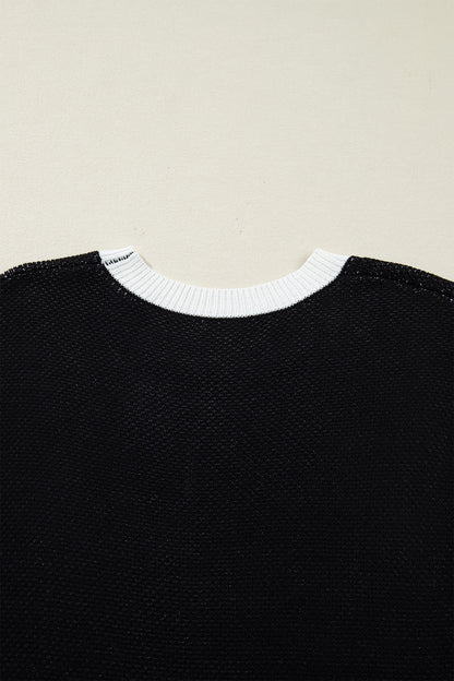 Black Horse Shoe Pattern Contrast Trim Short Sleeve Sweater