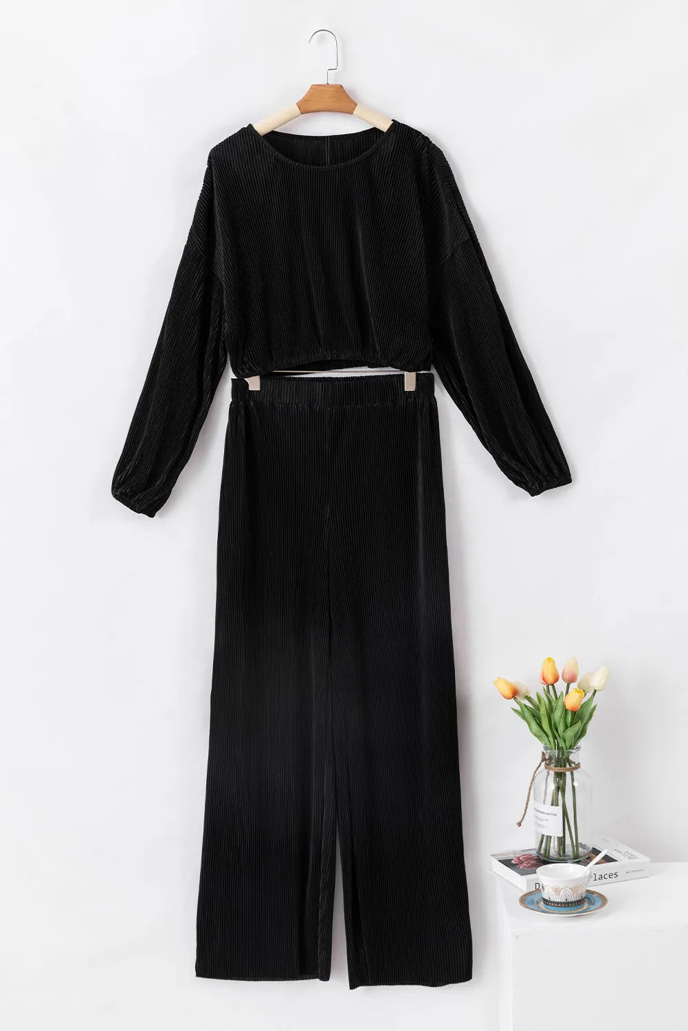 Black Corded Cropped Pullover and Wide Leg Pants Set - Chic Meadow Boutique 