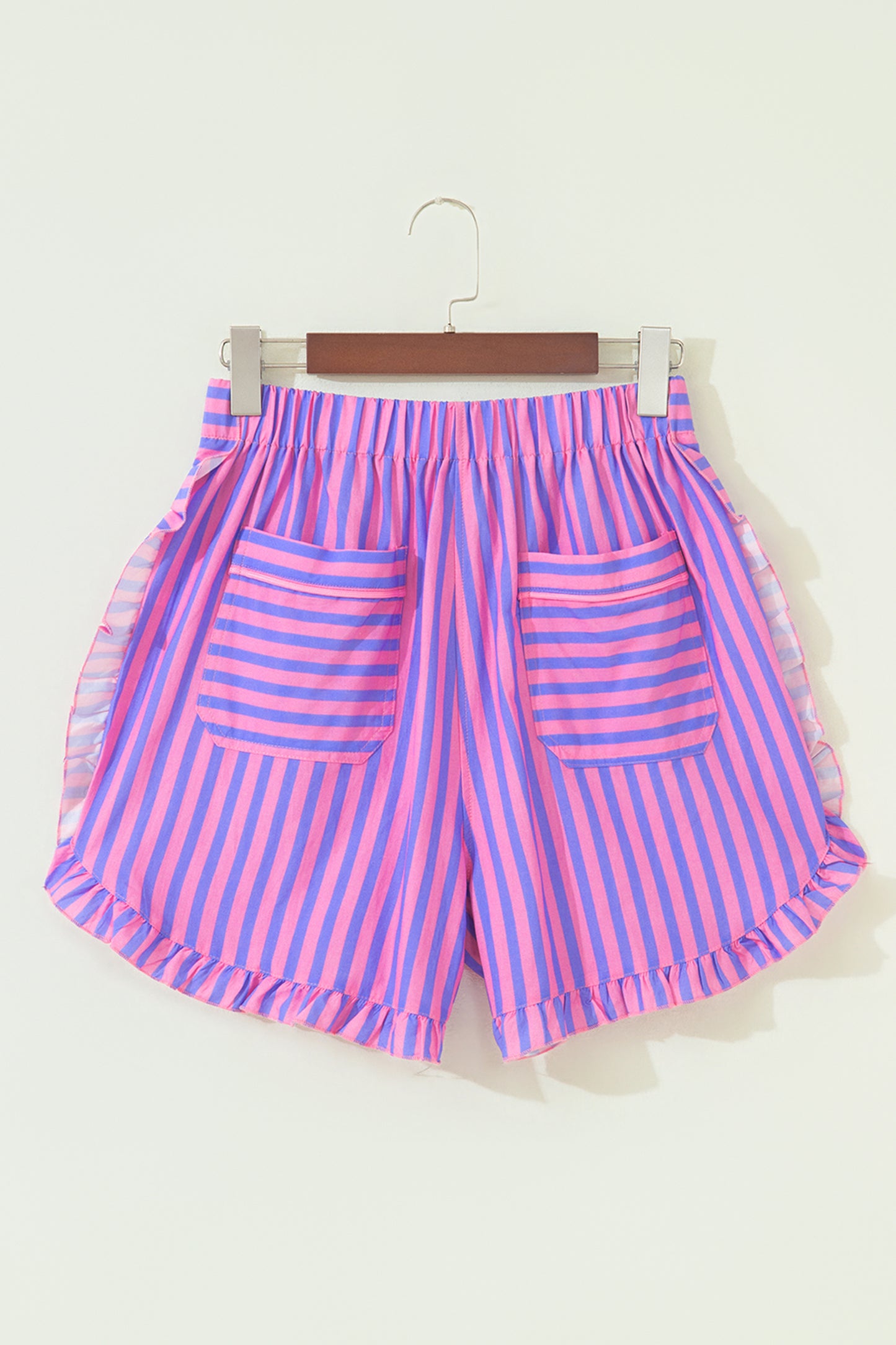 Rose Stripe Elastic Waist Ruffle Trim Casual Shorts