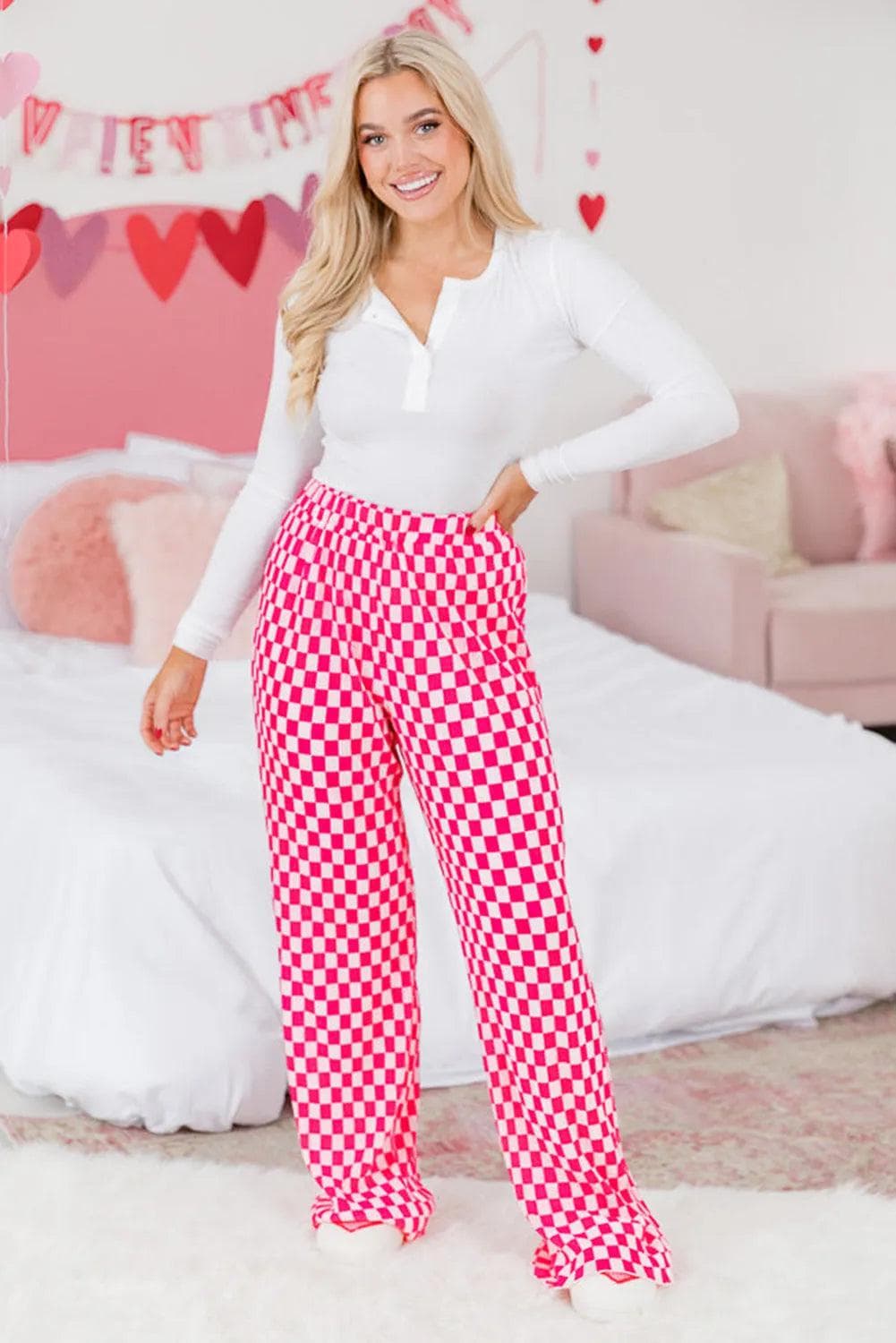 Loungewear & Sleepwear/Sleepwear Pink Checkered Buttoned Shirt and High Waist Pants Pajama Set