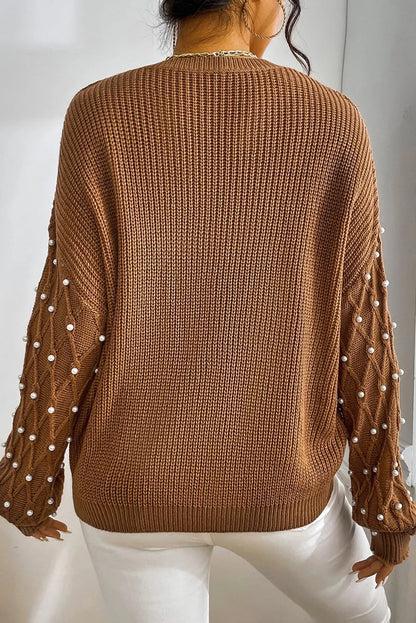 Chestnut Beaded Drop Shoulder Round Neck Sweater - Chic Meadow Boutique 