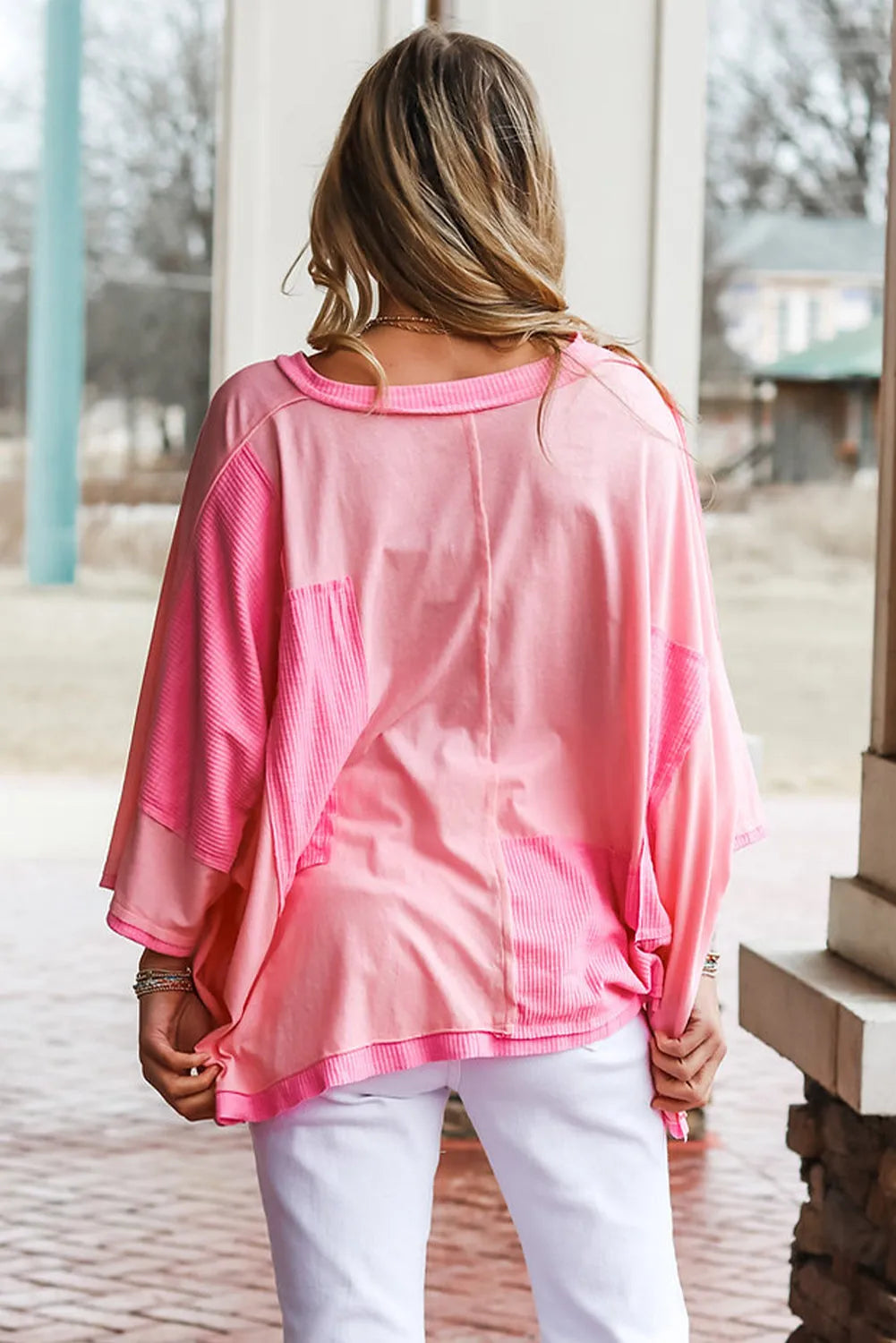 Pink Color Block Patchwork 3/4 Sleeve Loose Top - Chic Meadow Boutique 