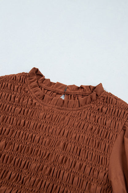 Coffee Solid Color Smocked Ruffle Hem Long Sleeve Blouse
