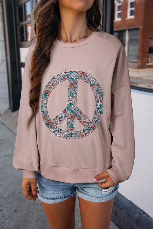 Goat Floral Peace Symbol Drop Shoulder Sweatshirt - Chic Meadow Boutique 