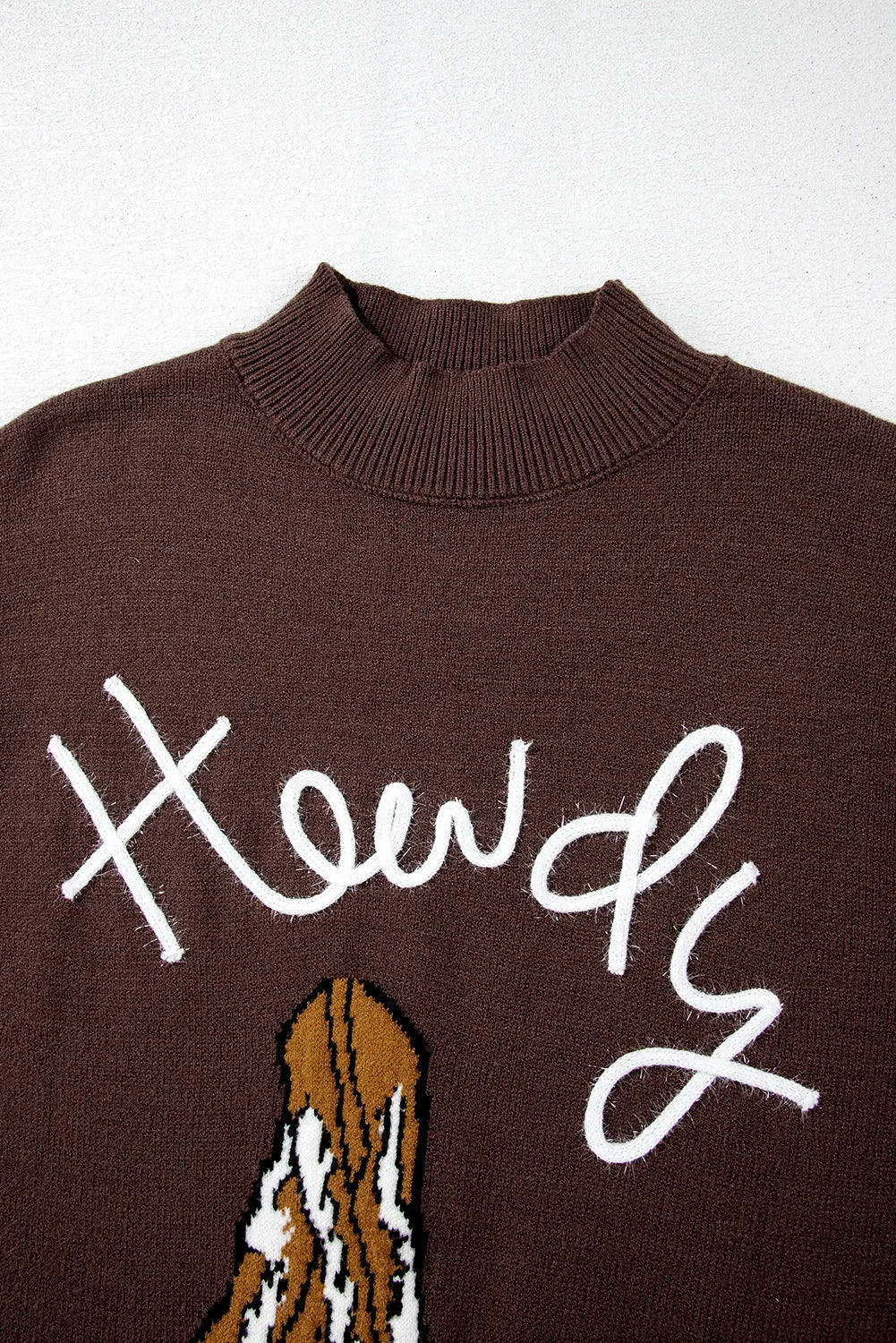 Coffee Western Howdy Boot Graphic High Neck Sweater - Chic Meadow Boutique 