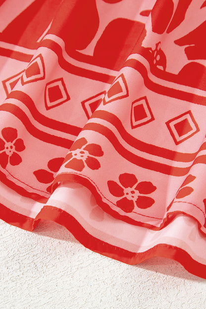 Red Boho Floral Short Sleeve V Neck Buttoned Shirred Waist Long Dress