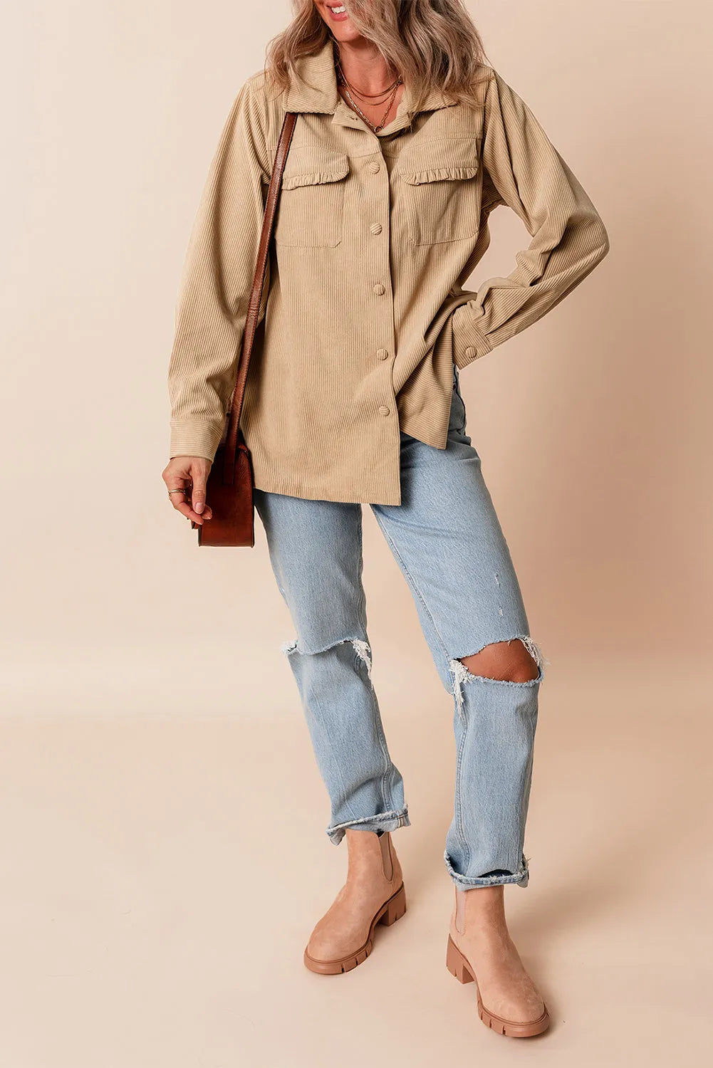 Light French Beige Solid Frilled Flap Pocket Button Up Corduroy Shacket - Chic Meadow Boutique 