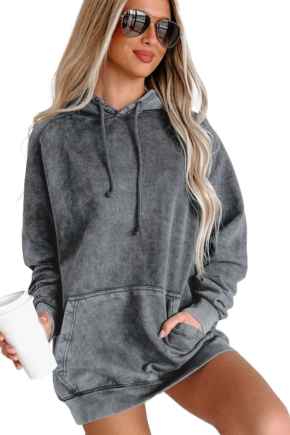 Gray Mineral Wash Kangaroo Pocket Drawstring Pullover Hoodie - Chic Meadow Boutique 