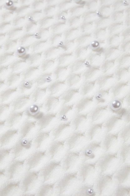 White Solid Textured Knit Pearl Embellished Pullover Sweater