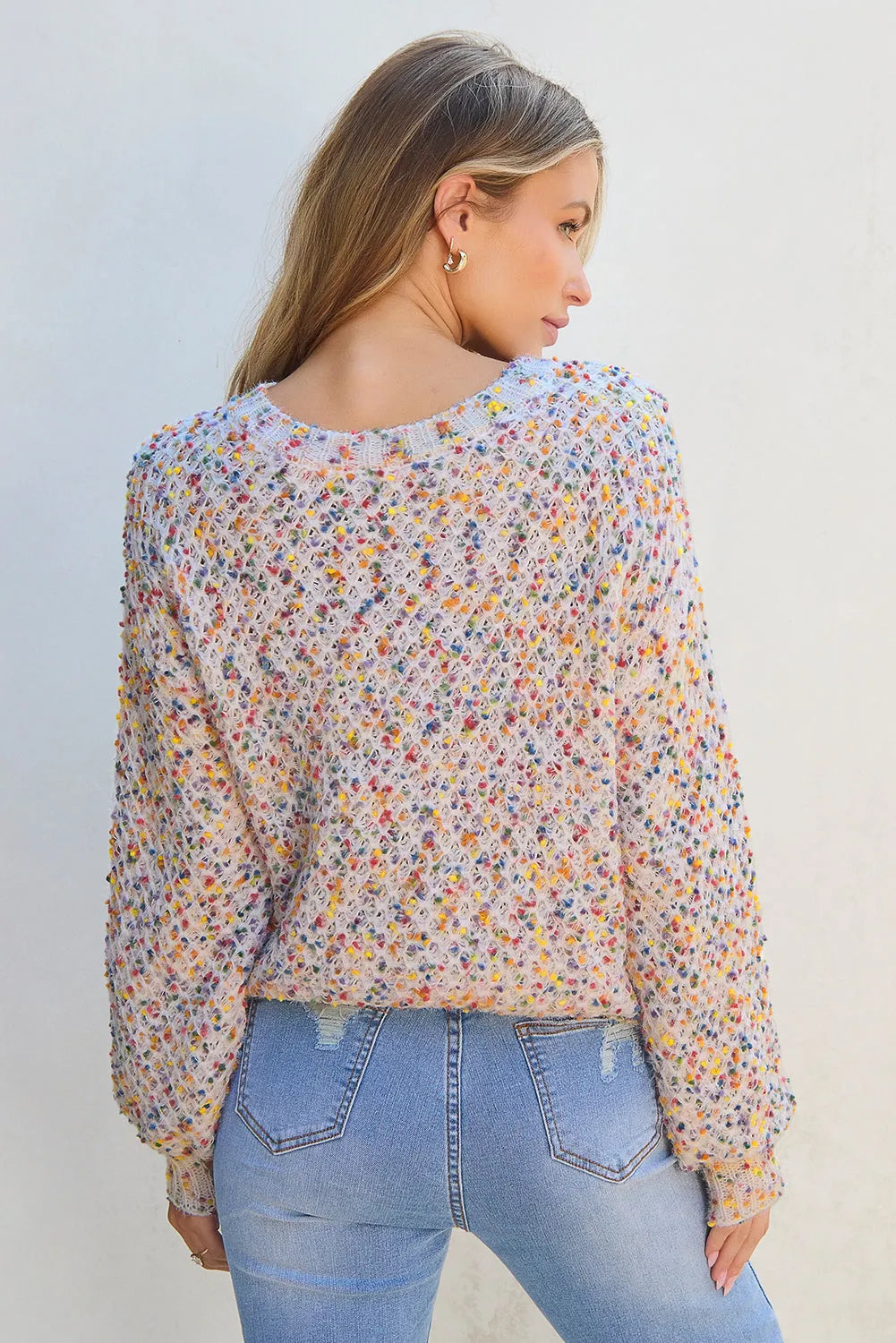 White Confetti Knit Popcorn Sweater Top - Chic Meadow Boutique 