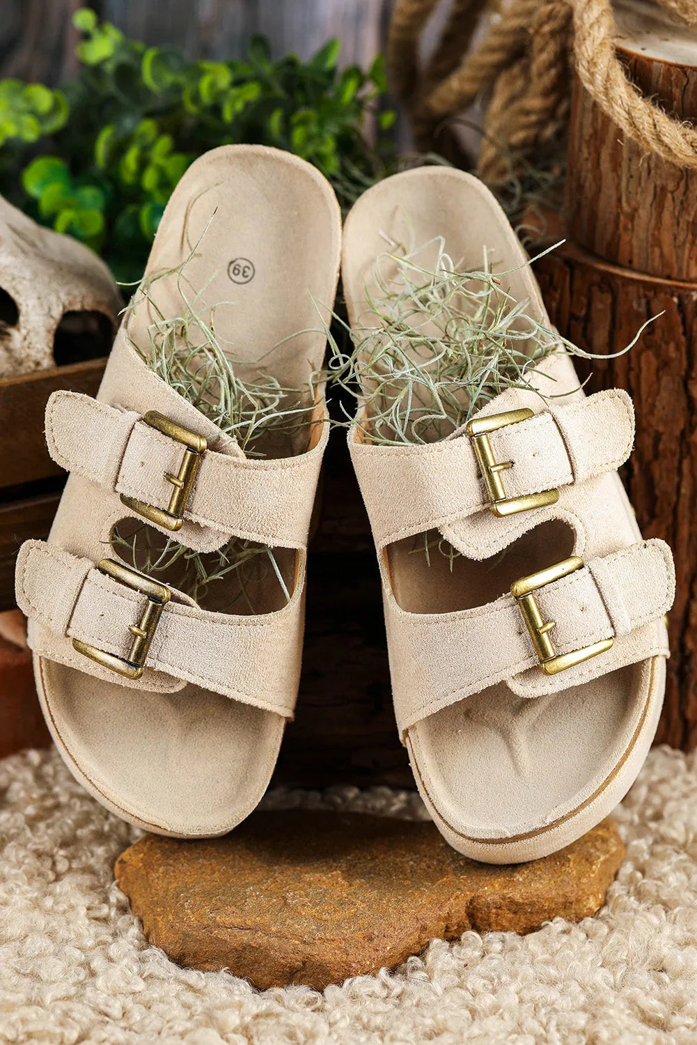 Beige Suede Buckle Decor Footbed Sandal Slippers - Chic Meadow Boutique 