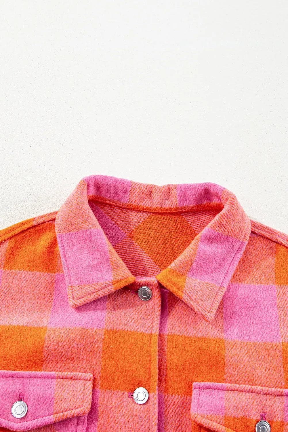 Outerwear/Jackets Orange Plaid Chest Pockets Button-up Turn Down Collar Jacket