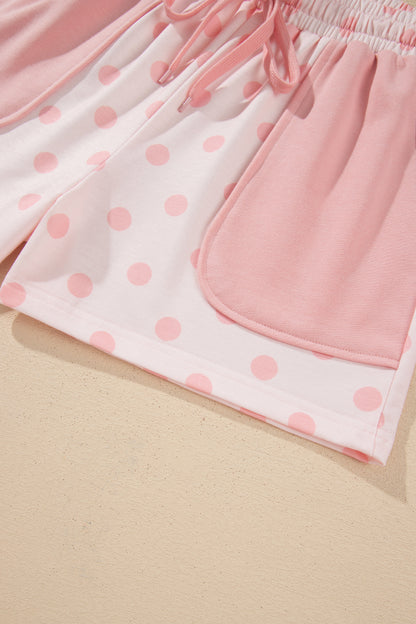 Pink Polka Dot Drop Shoulder Polo Loose Pullover Patch Pocket Casual Shorts Set