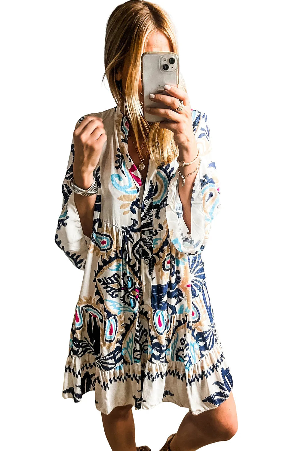 White Printed Tribal Print Bracelet Sleeve Buttoned Mini Dress - Chic Meadow Boutique 