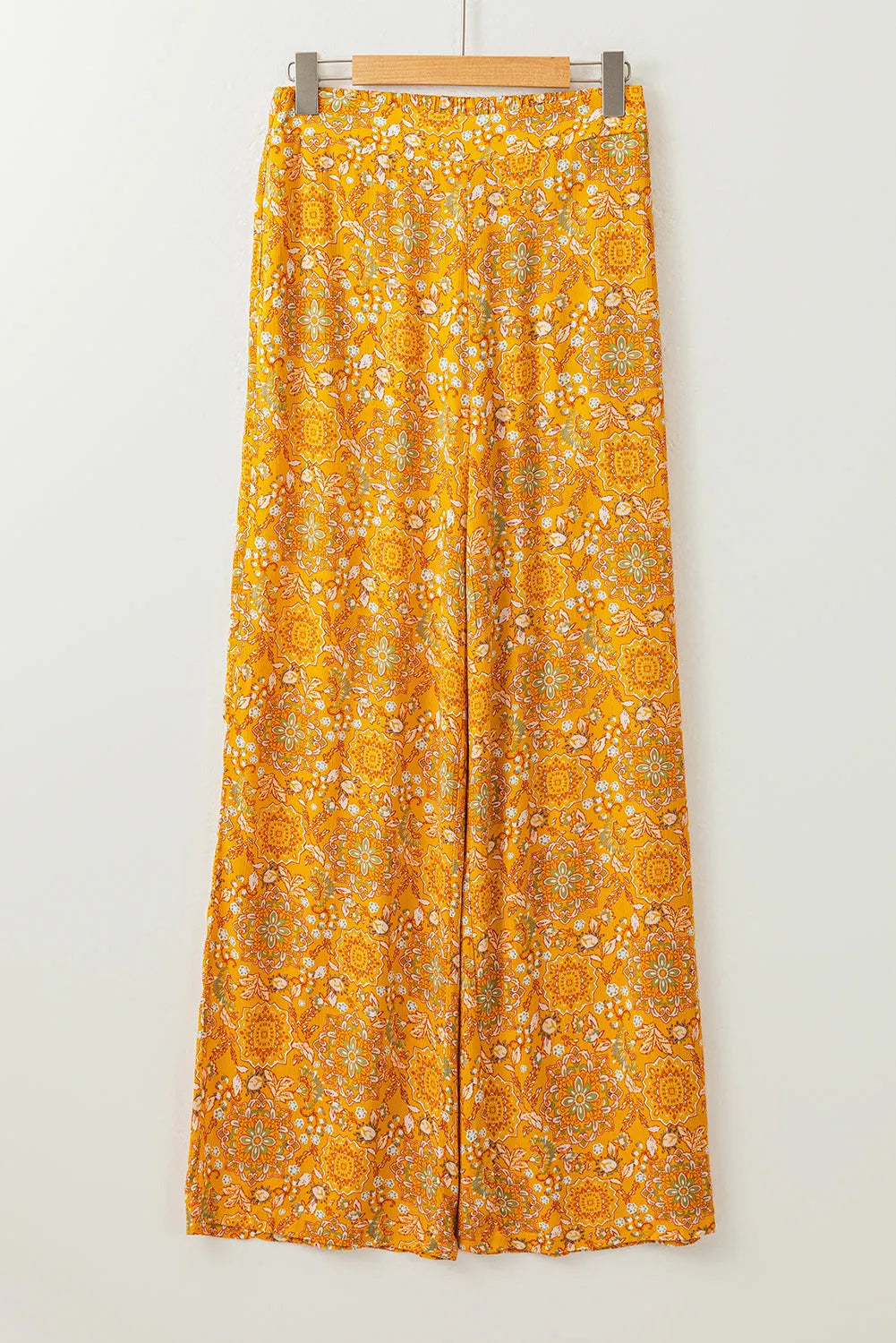 Yellow Bohemian Floral Print Pocketed Wide Leg Pants - Chic Meadow Boutique 