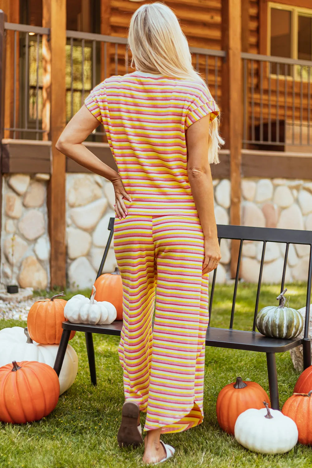 Yellow Stripe Rainbow Tee Tasseled String Wide Leg Pants Set - Chic Meadow Boutique 