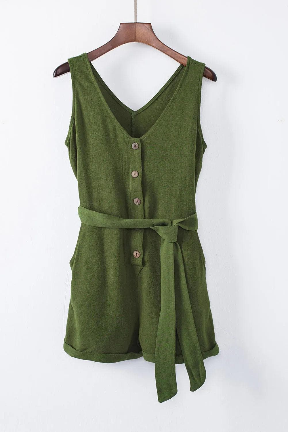 Bottoms/Jumpsuits & Rompers Green Button V Neck Romper with Belt