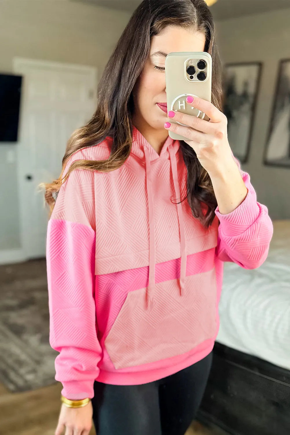 Pink Textured Color Block Kangaroo Pocket Drop Shoulder Hoodie - Chic Meadow Boutique 