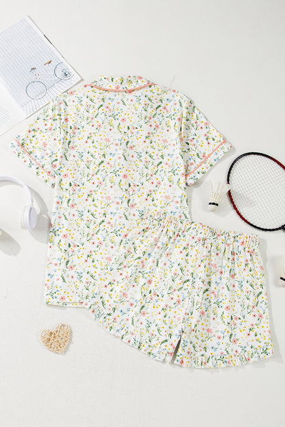 White Floral Print Contrast Pipping Short Pajamas Set