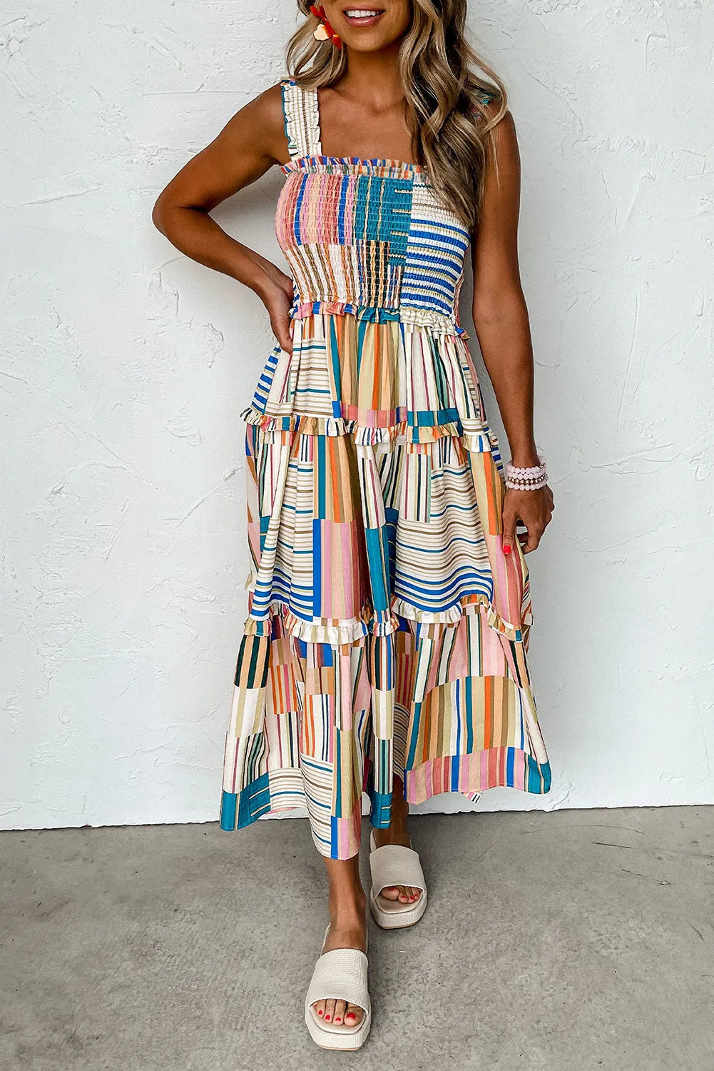 Khaki Mix Striped Wide Straps Smocked Tiered Maxi Dress - Chic Meadow Boutique 