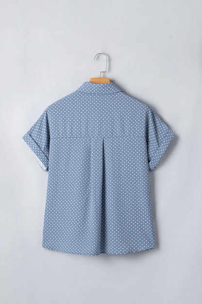 Sky Blue Dotted Print Cuffed Short Sleeve Shirt