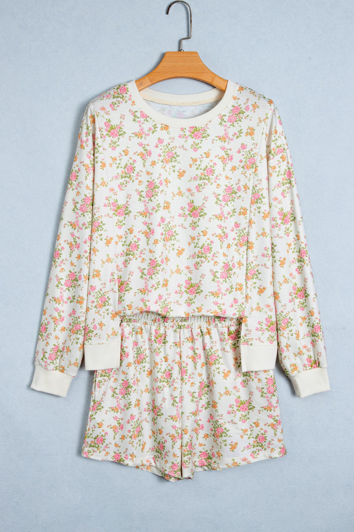 Beige Floral Print Long Sleeve Shift Top Pocketed Shorts 2pcs Set
